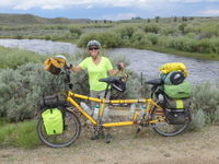 GDMBR: Terry and the Bee were standing in front of the Big Sandy [River] on the actual Oregon and California Trail. Jim Bridger, Roger Stuart, Kit Carson, William Sublette, Lt Freemont, Jedidiah (Jed) Smith, Frederick Lander, and Buckskin Joe [for whom the crossing is now named] have all stood here. The Bee is in good company!